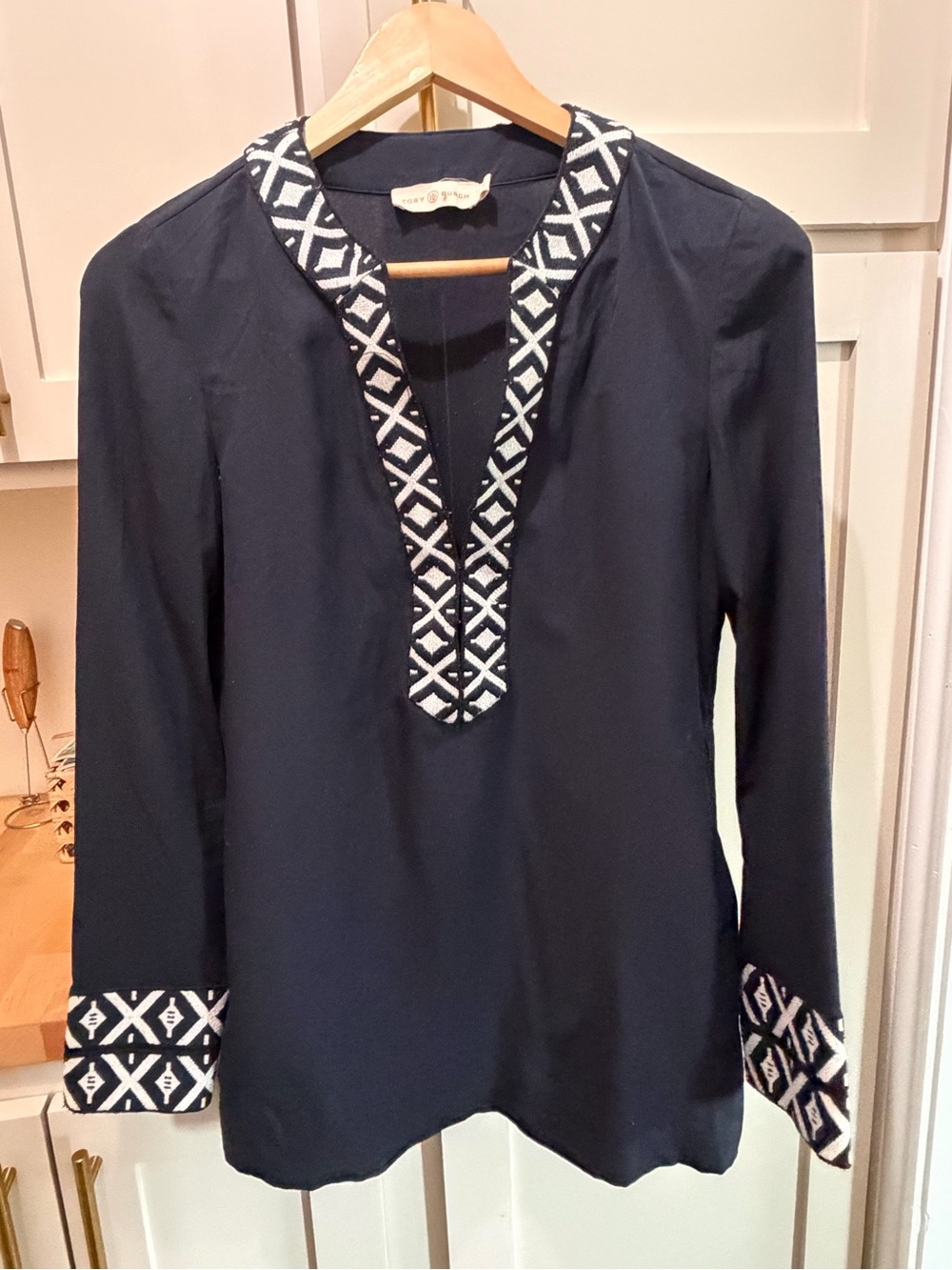 Tory Burch Navy Tunic with White Geometric Trim